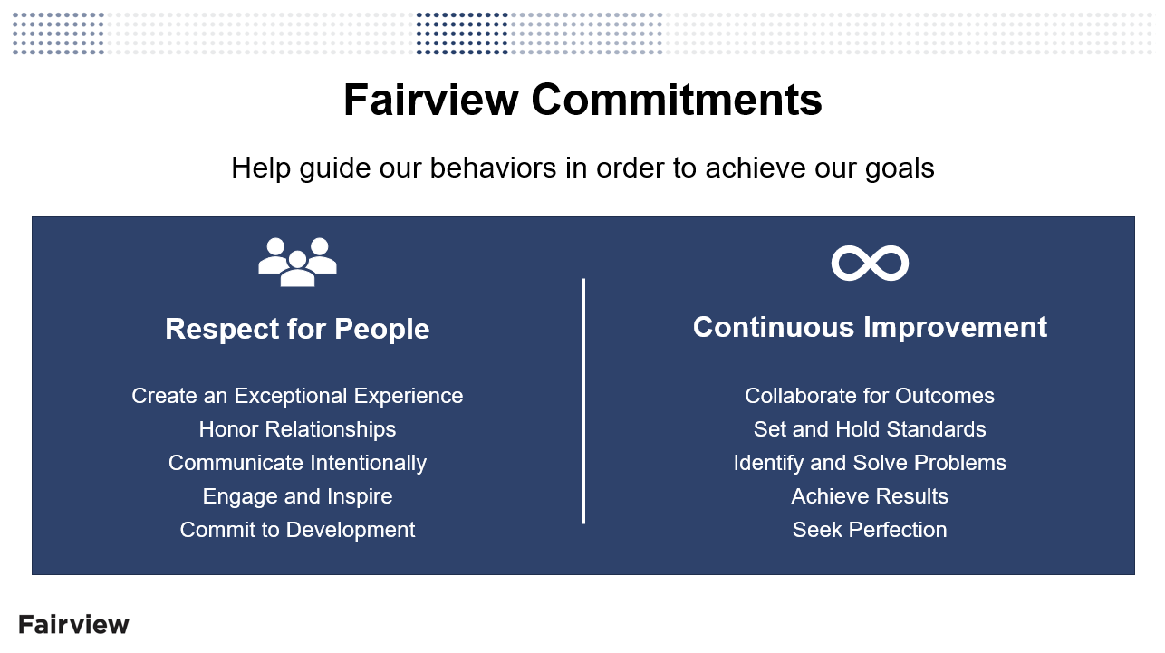 Fairview Commitments that guide our behaviors: Respect for People and Continuous Improvement